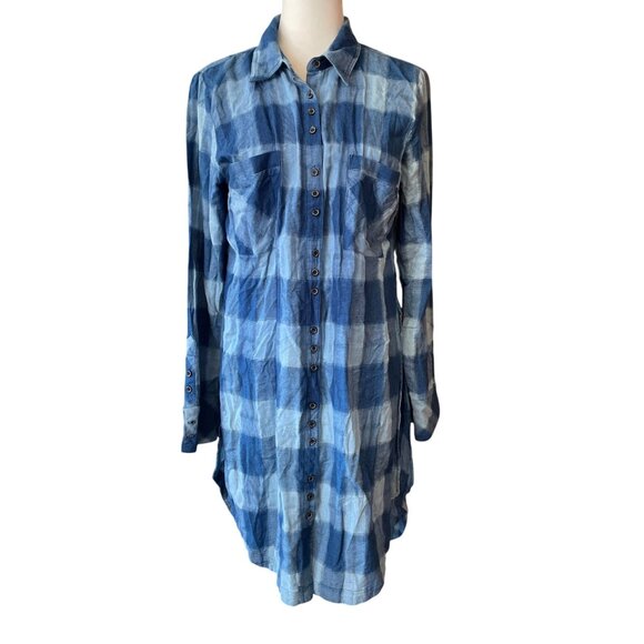 FREE PEOPLE Blue Plaid Flannel Button-Down Tunic Shirt Oversized Boho Grunge M - Picture 1 of 13